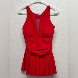 Women's One Piece Skirted Swimdress, Retro High Neck - Daiyulin -Red